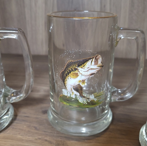 3 VTG Al Agnew Glass Stein Beer Mugs Sportsman Fishing Large Mouth Bass & Trout - Picture 3 of 16